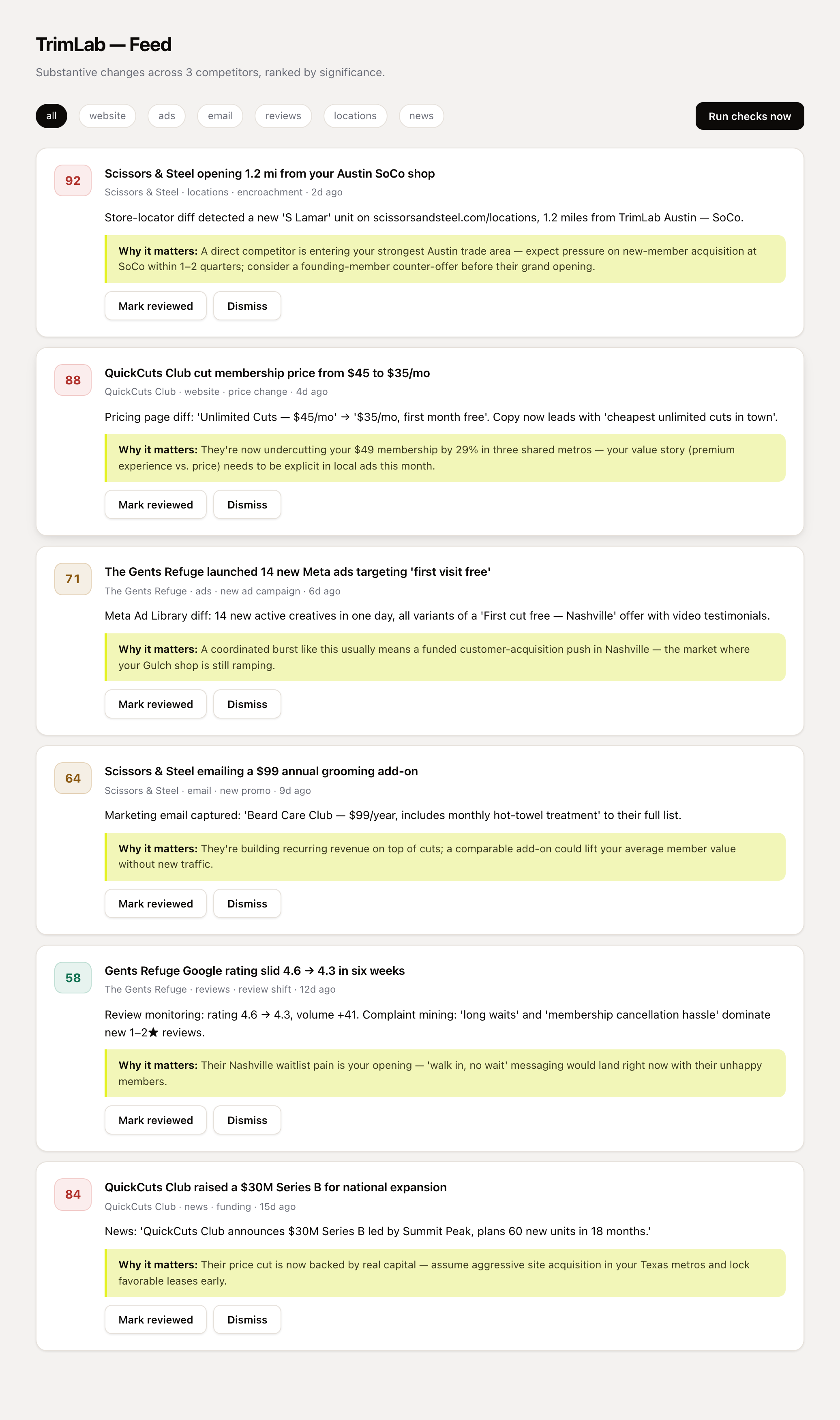 The Contrail feed: ranked competitor changes, each with a why-it-matters line